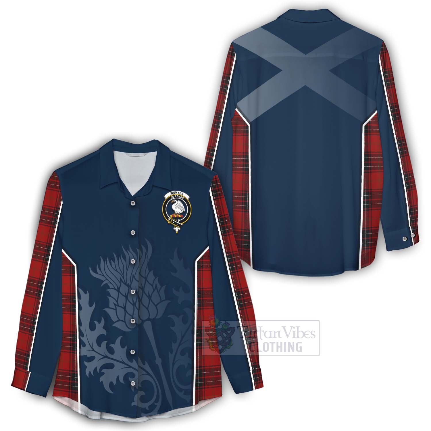 Tartan Vibes Clothing Wemyss Tartan Women's Casual Shirt with Family Crest and Scottish Thistle Vibes Sport Style