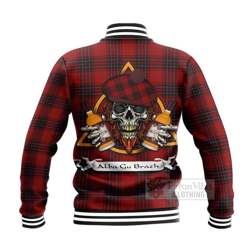 Tartan Vibes Clothing Wemyss Tartan Baseball Jacket with Family Crest and Bearded Skull Holding Bottles of Whiskey