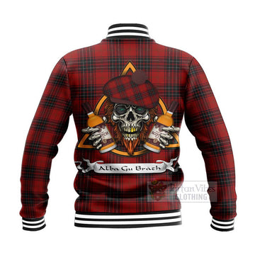 Wemyss Tartan Baseball Jacket with Family Crest and Bearded Skull Holding Bottles of Whiskey