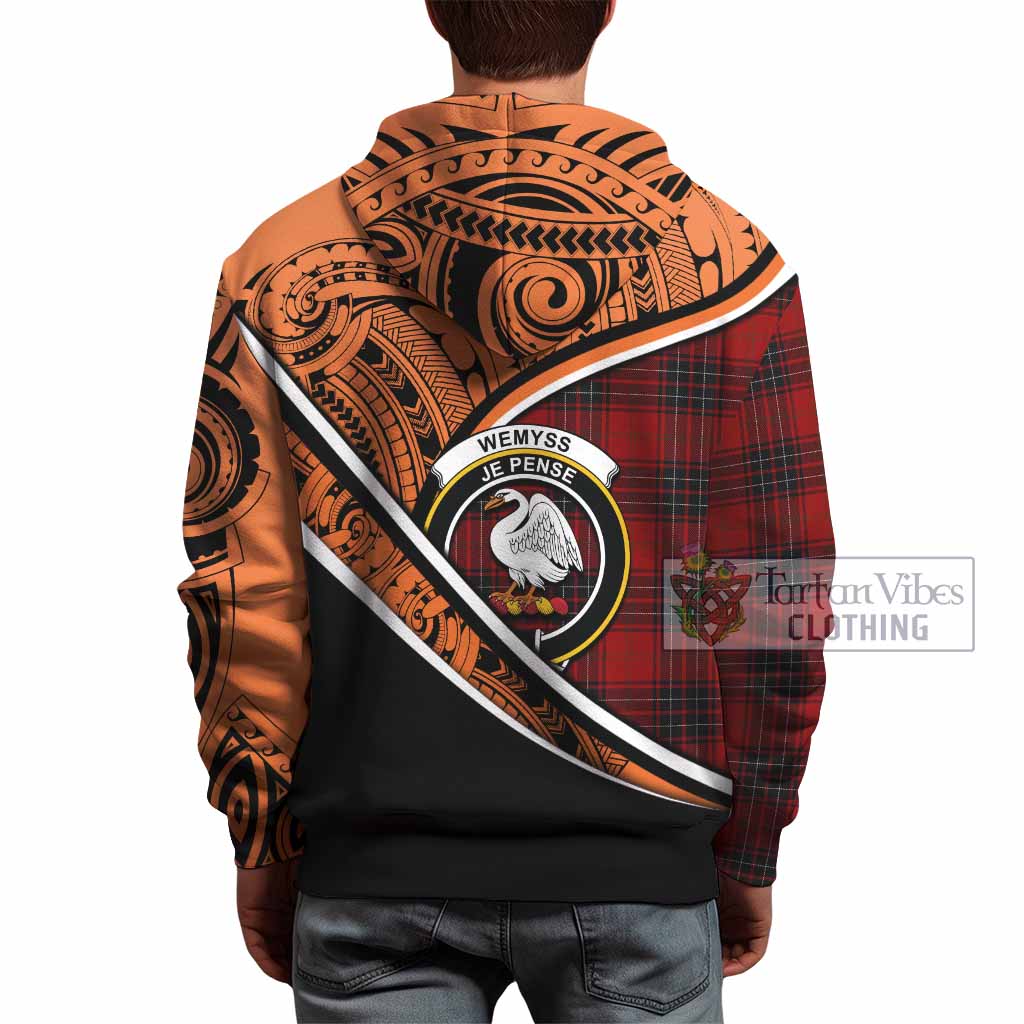 Tartan Vibes Clothing Wemyss Crest Tartan Hoodie with Maori Tattoo Style - Orange Version