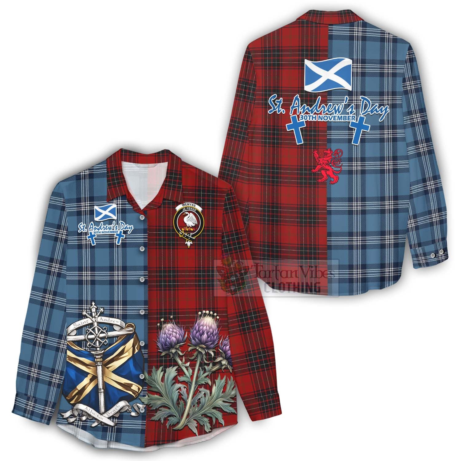 Tartan Vibes Clothing Wemyss Tartan Women's Casual Shirt Happy St. Andrew's Day Half Tartan Style