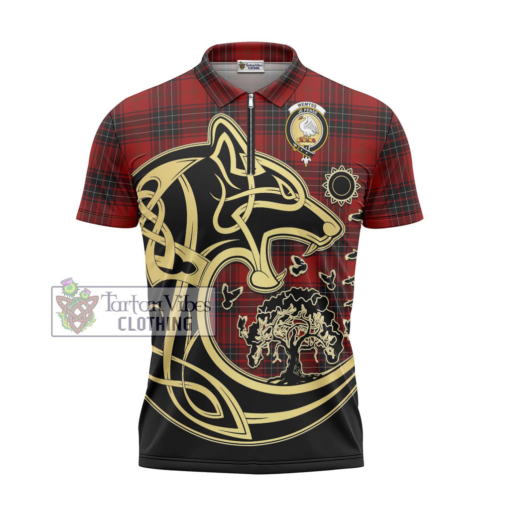 Wemyss Tartan Zipper Polo Shirt with Family Crest Celtic Wolf Style - Tartanvibesclothing Shop