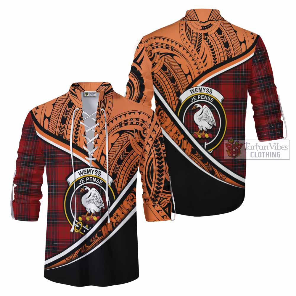 Tartan Vibes Clothing Wemyss Crest Tartan Ghillie Kilt Shirt with Maori Tattoo Style - Orange Version