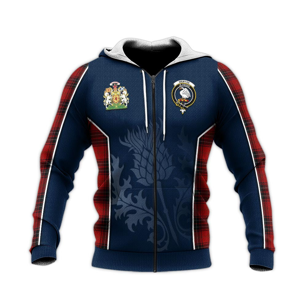 Tartan Vibes Clothing Wemyss Tartan Knitted Hoodie with Family Crest and Scottish Thistle Vibes Sport Style