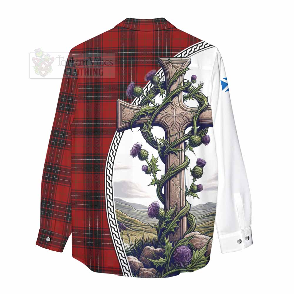 Tartan Vibes Clothing Wemyss Tartan Women's Casual Shirt with Family Crest and St. Andrew's Cross Accented by Thistle Vines