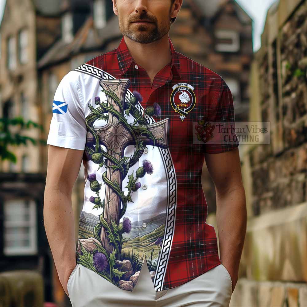 Tartan Vibes Clothing Wemyss Tartan Short Sleeve Button Shirt with Family Crest and St. Andrew's Cross Accented by Thistle Vines