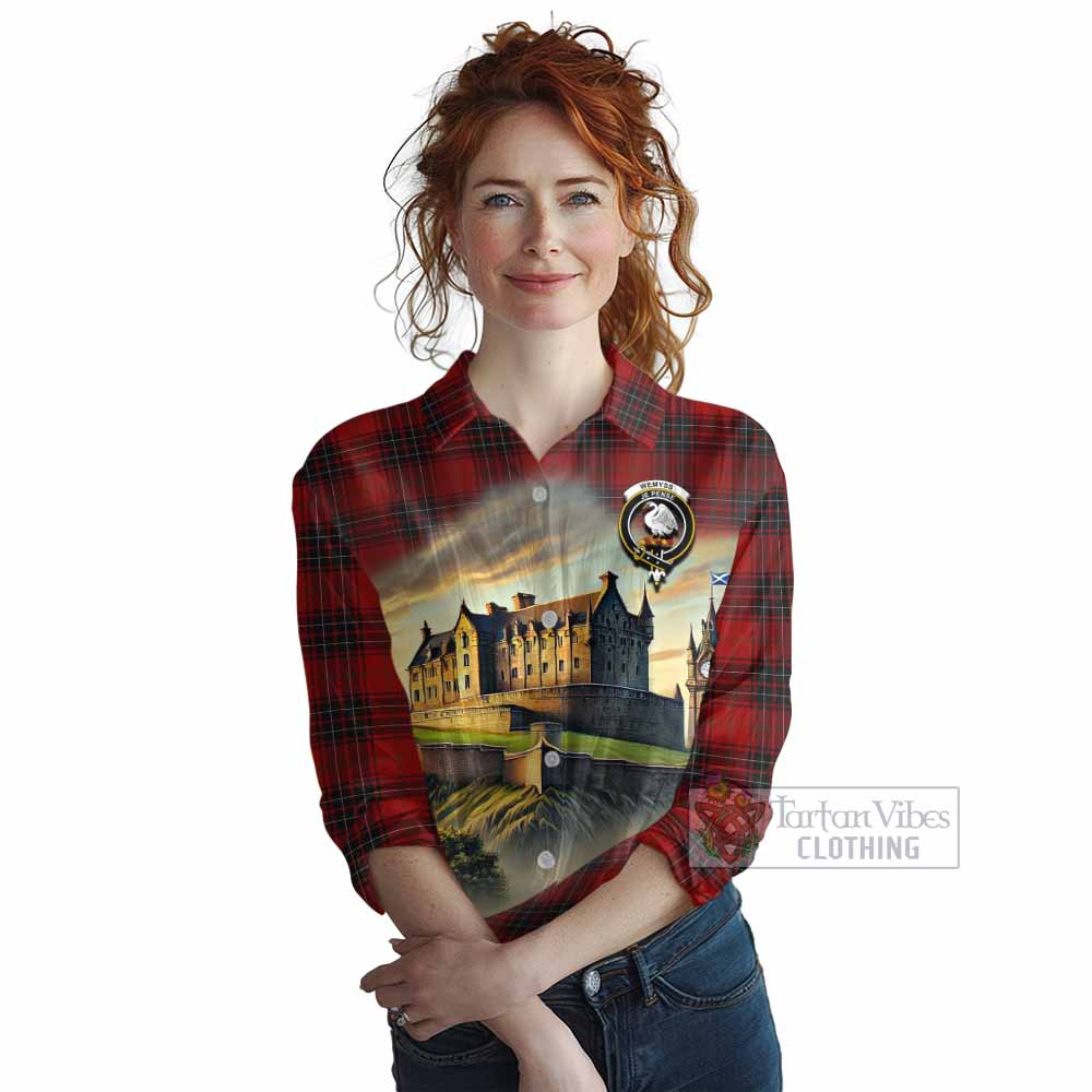 Wemyss Tartan Family Crest Women's Casual Shirt with Scottish Ancient Castle Style - Tartan Vibes Clothing