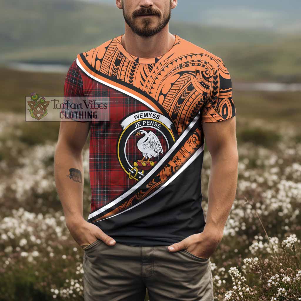 Tartan Vibes Clothing Wemyss Crest Tartan T-Shirt with Maori Tattoo Style - Orange Version