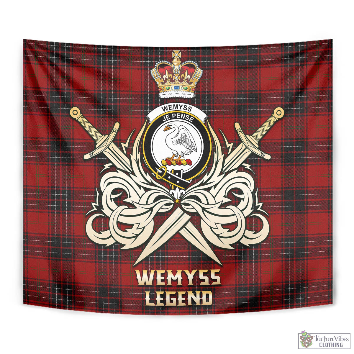 Tartan Vibes Clothing Wemyss Tartan Tapestry with Clan Crest and the Golden Sword of Courageous Legacy