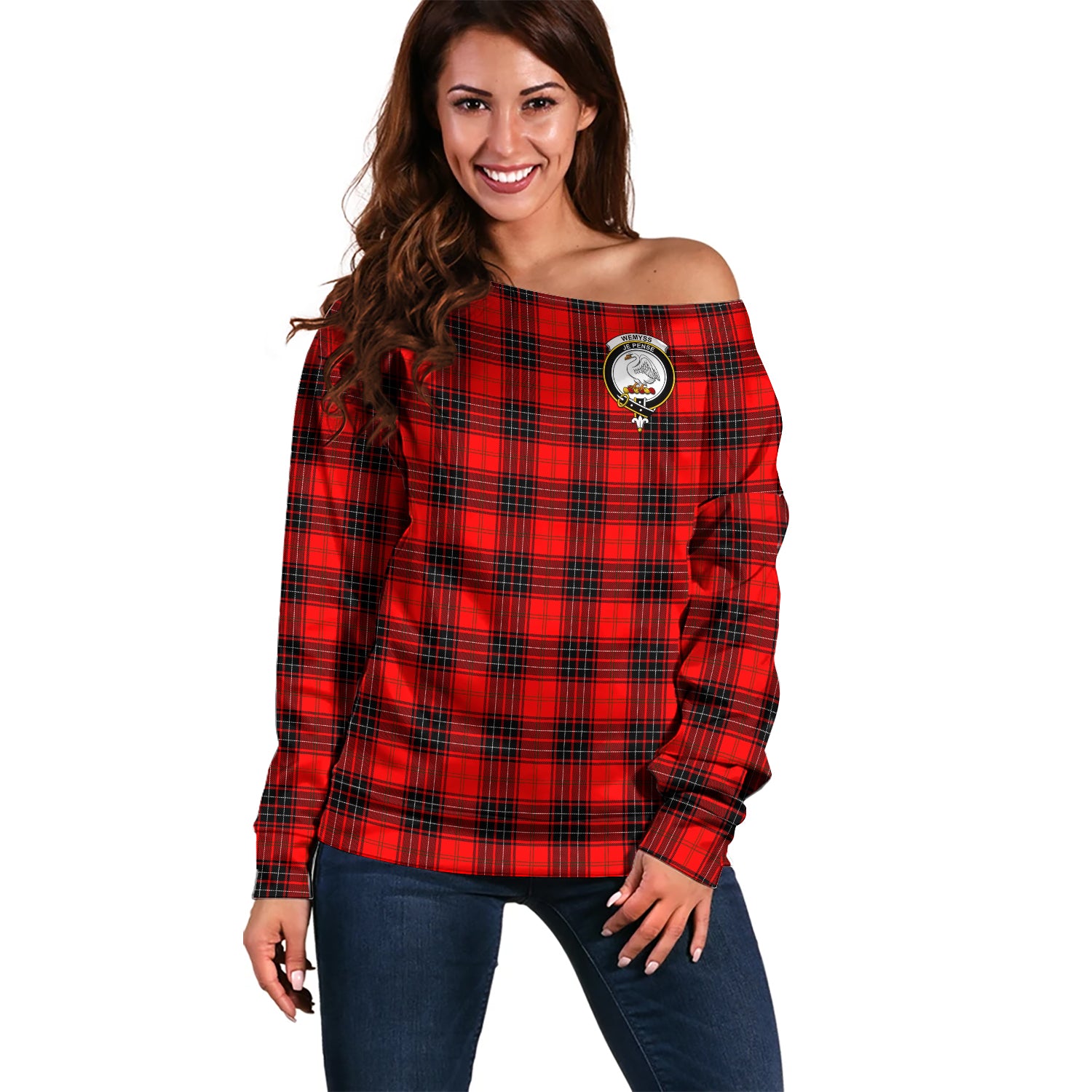 Wemyss Modern Tartan Off Shoulder Women Sweater with Family Crest Women - Tartanvibesclothing Shop