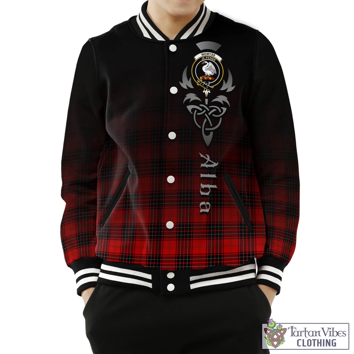 Tartan Vibes Clothing Wemyss Modern Tartan Baseball Jacket Featuring Alba Gu Brath Family Crest Celtic Inspired