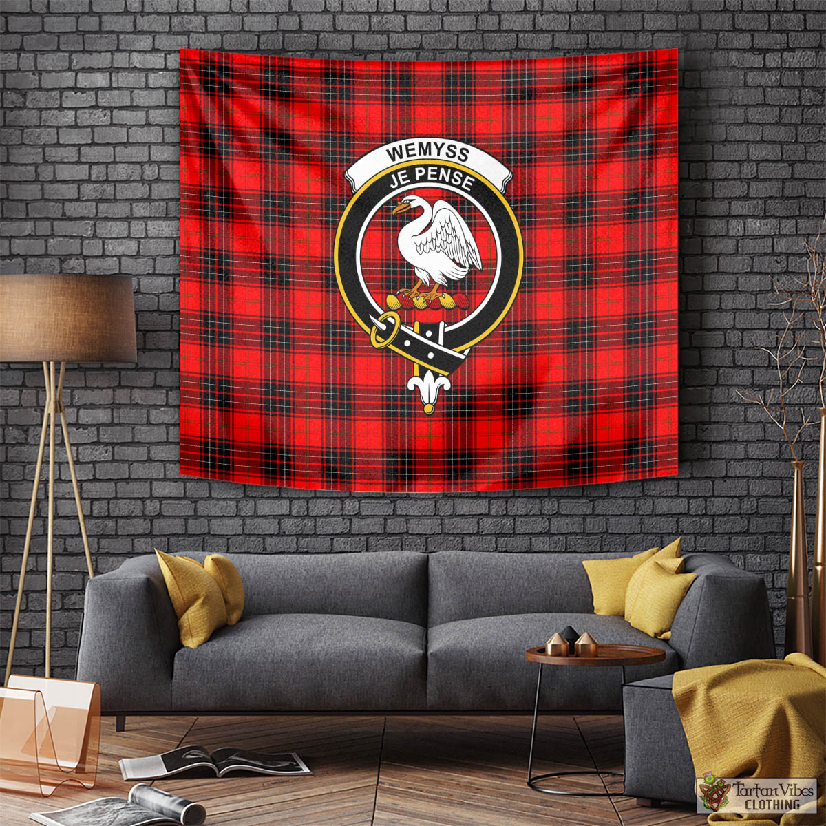 Tartan Vibes Clothing Wemyss Modern Tartan Tapestry Wall Hanging and Home Decor for Room with Family Crest