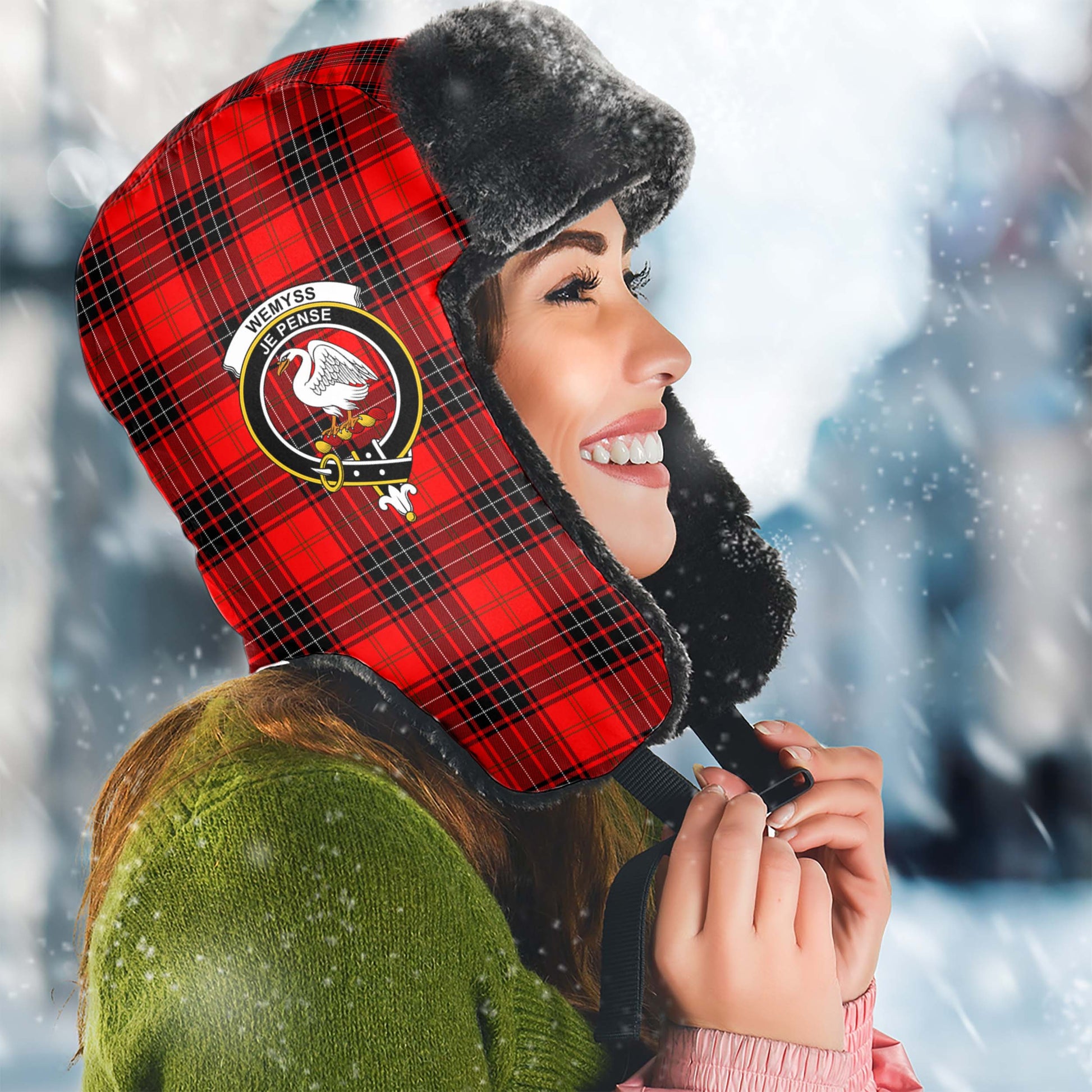 Wemyss Modern Tartan Winter Trapper Hat with Family Crest Winter Trapper Hat Universal Fit Circumference 22.8in (58cm) - Tartanvibesclothing