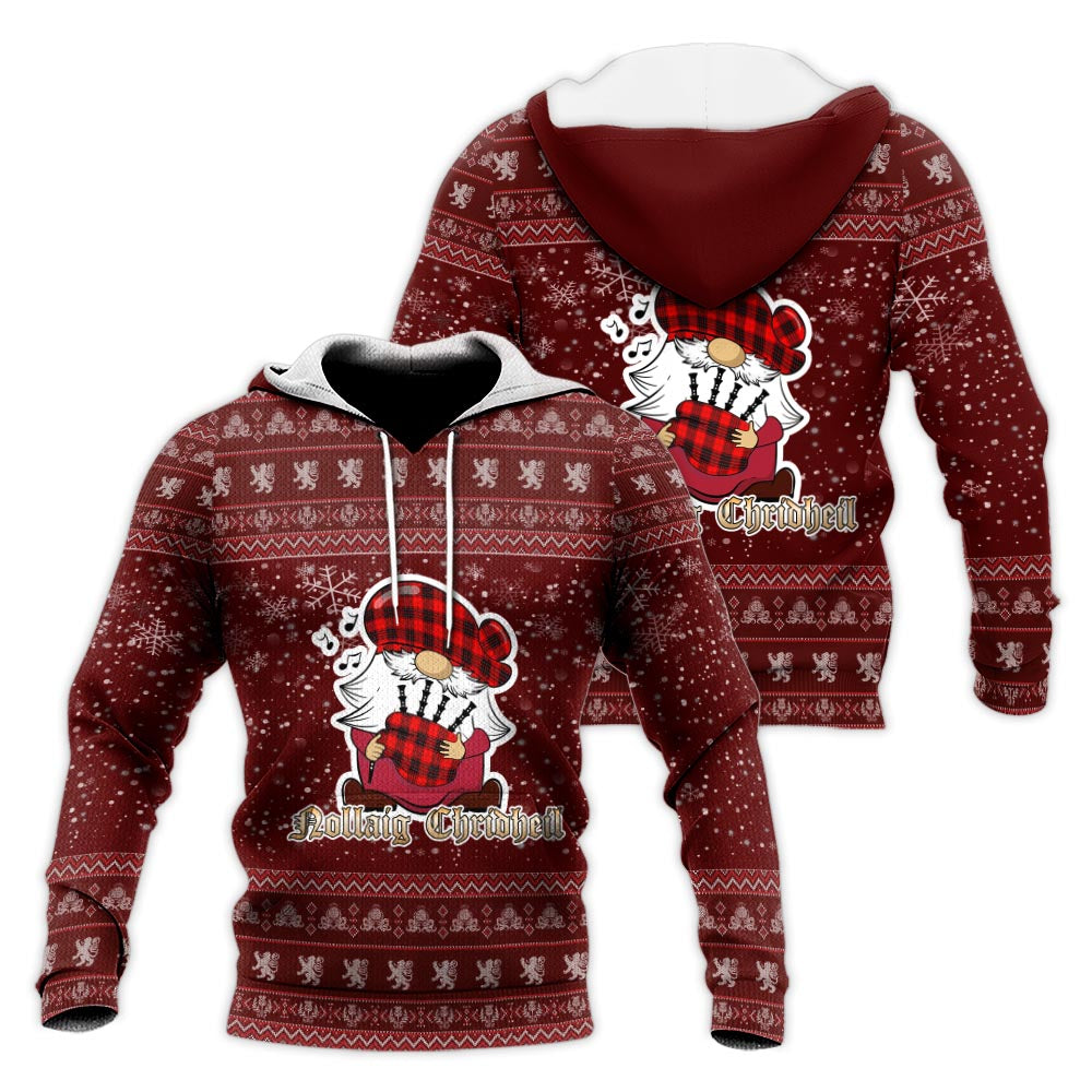 Wemyss Modern Clan Christmas Knitted Hoodie with Funny Gnome Playing Bagpipes Red - Tartanvibesclothing