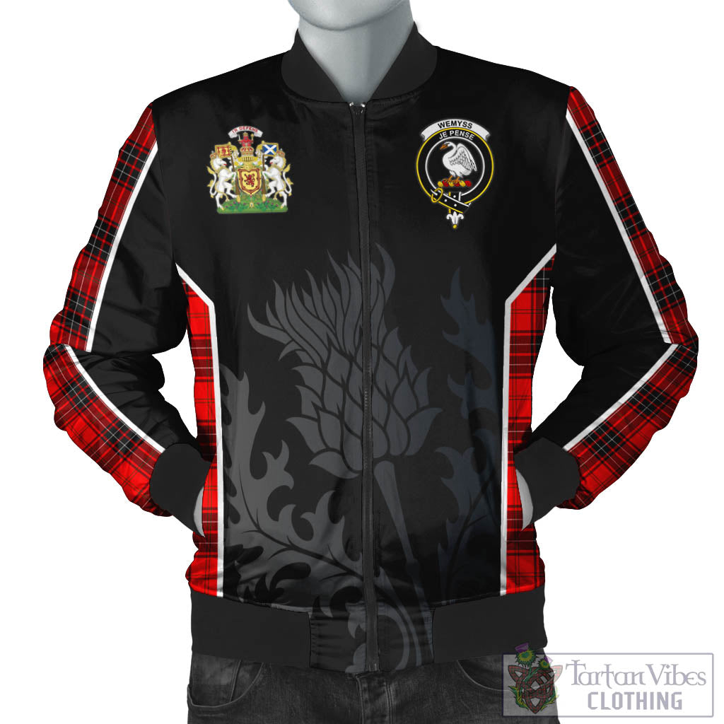 Tartan Vibes Clothing Wemyss Modern Tartan Bomber Jacket with Family Crest and Scottish Thistle Vibes Sport Style