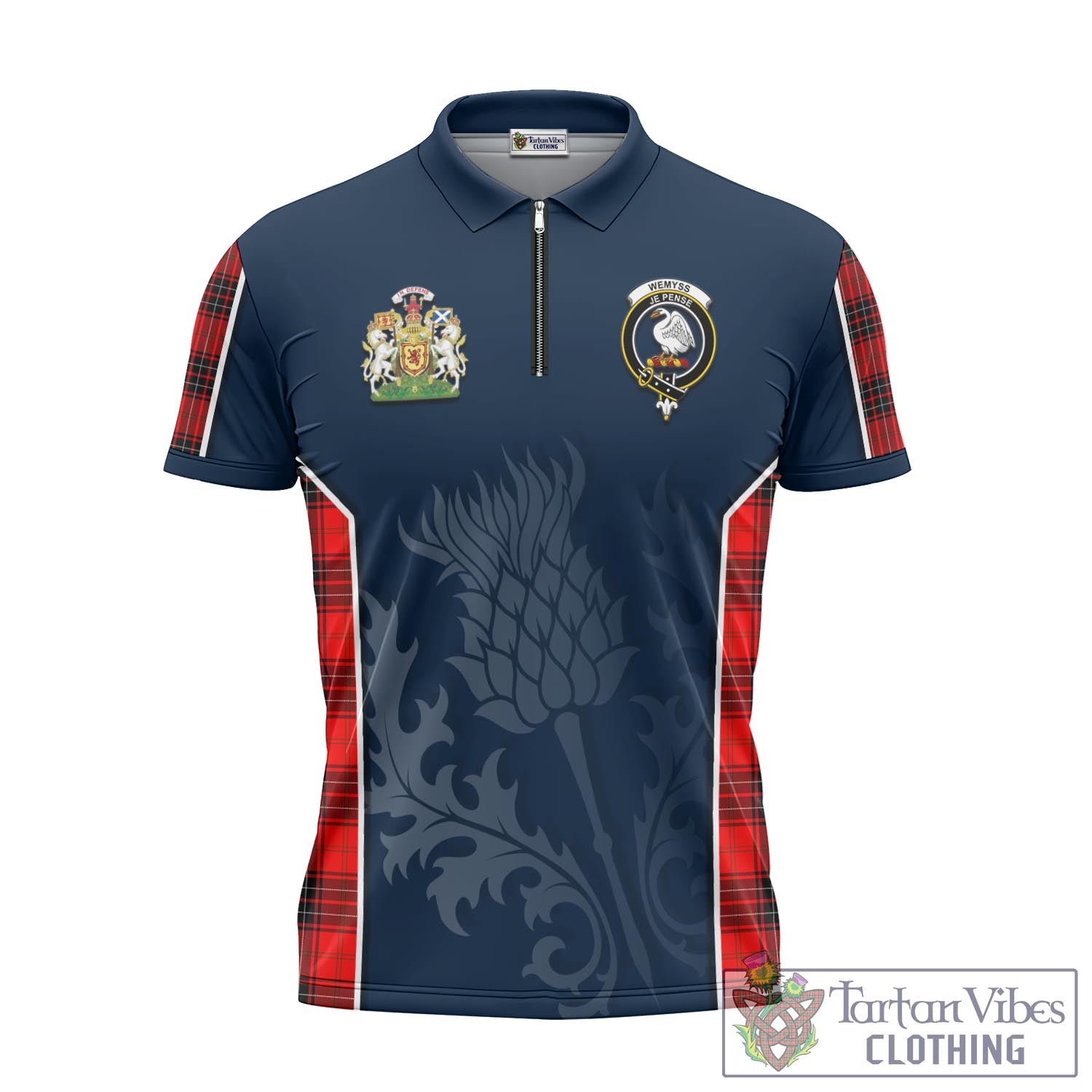 Tartan Vibes Clothing Wemyss Modern Tartan Zipper Polo Shirt with Family Crest and Scottish Thistle Vibes Sport Style