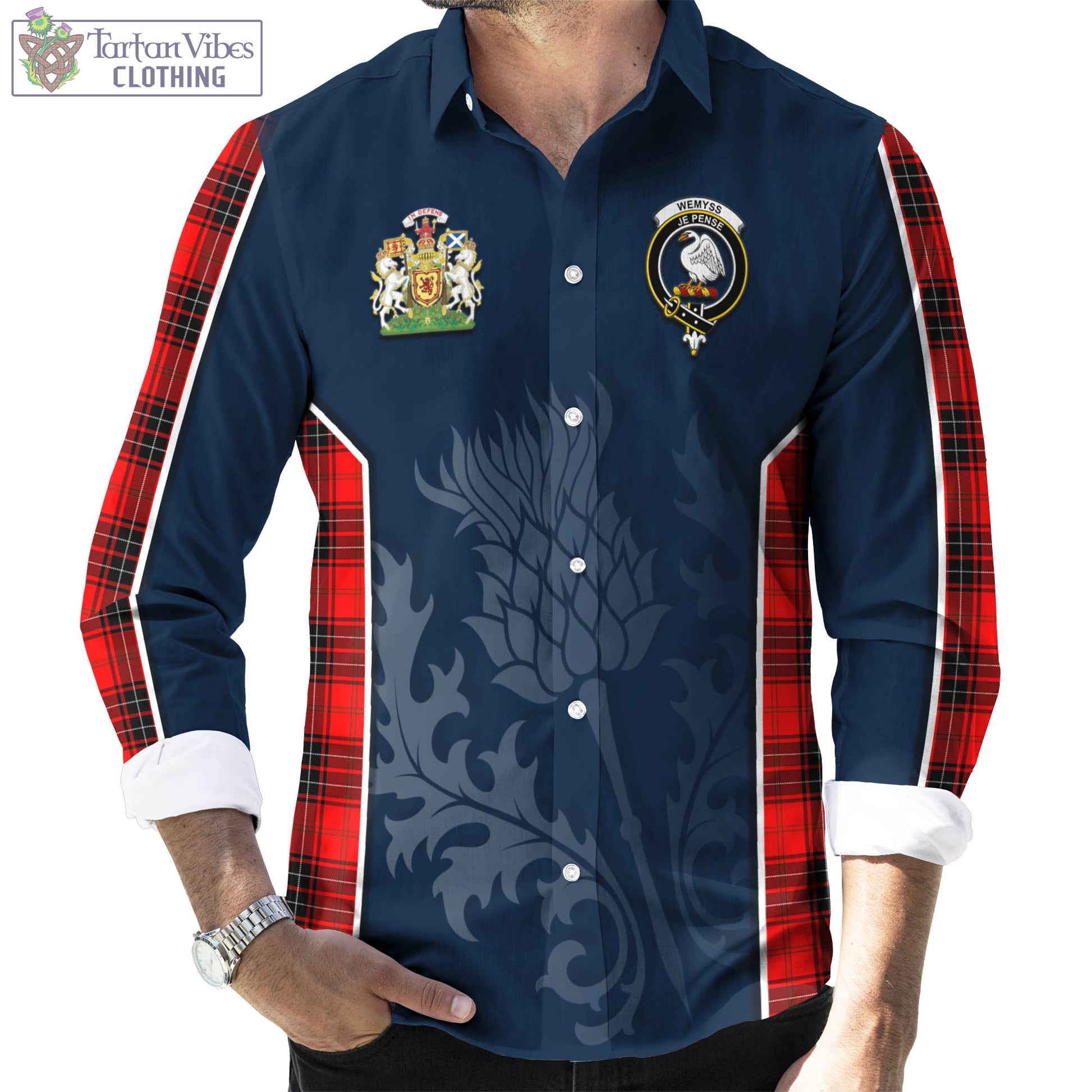 Tartan Vibes Clothing Wemyss Modern Tartan Long Sleeve Button Up Shirt with Family Crest and Scottish Thistle Vibes Sport Style