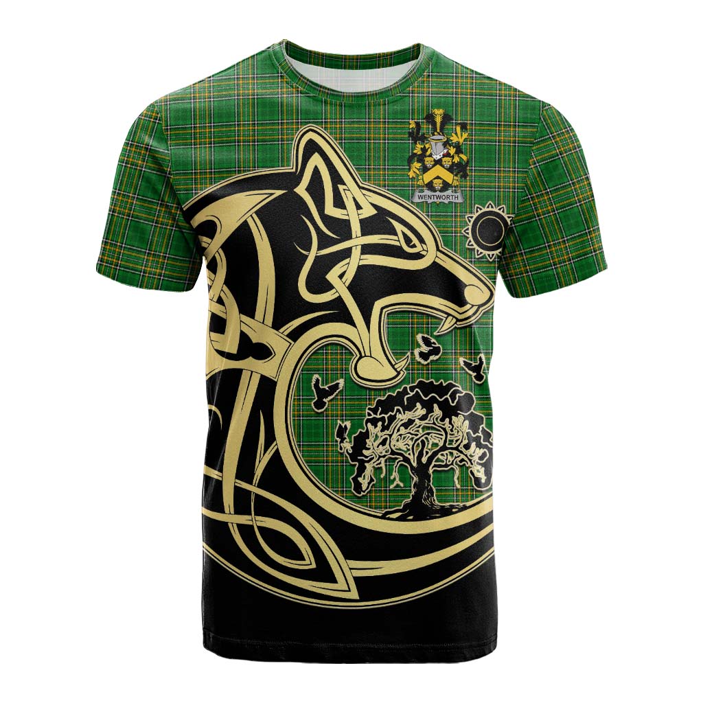 Tartan Vibes Clothing Wentworth Irish Tartan Cotton T-shirt with Coat of Arms Celtic Wolf Style