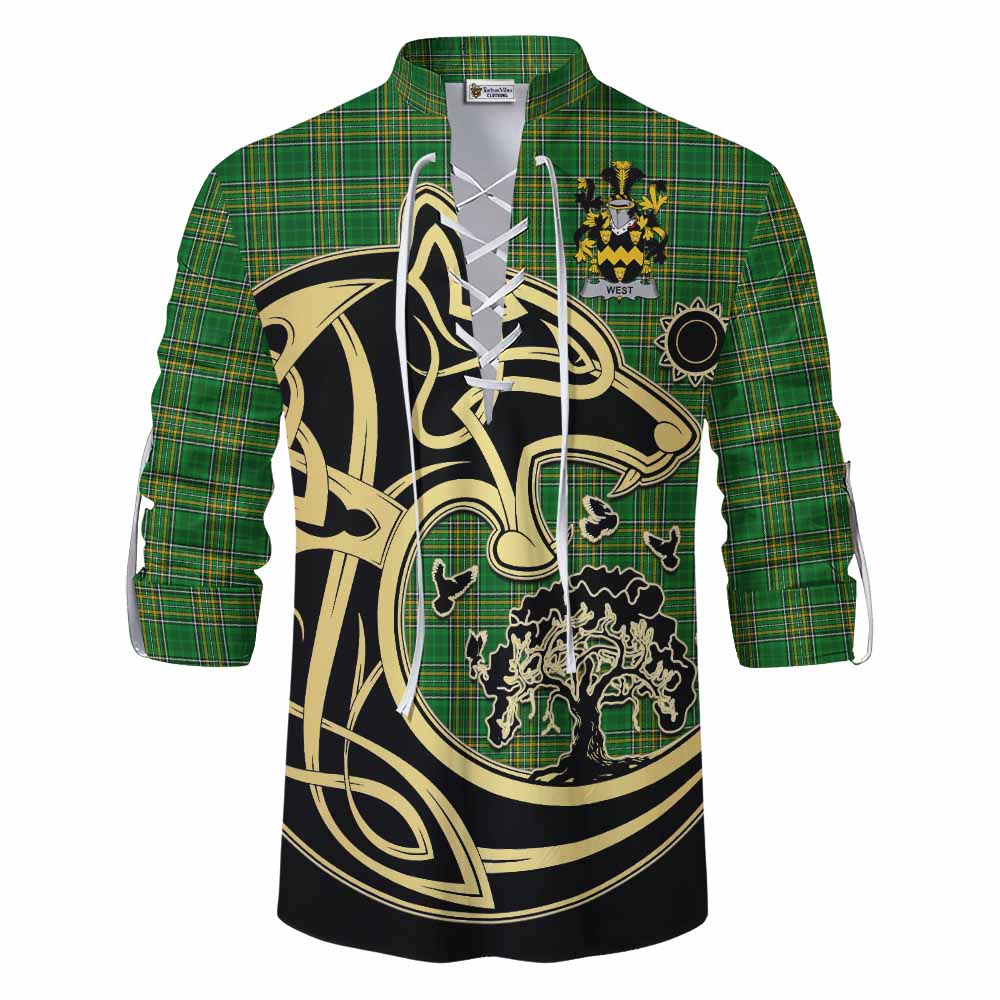 Tartan Vibes Clothing West Irish Tartan Ghillie Kilt Shirt with Coat of Arms Celtic Wolf Style