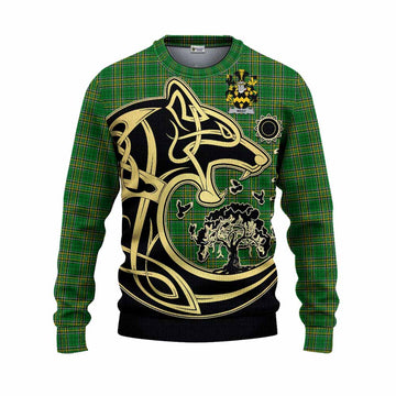 West Irish Tartan Knitted Sweater with Coat of Arms Celtic Wolf Style