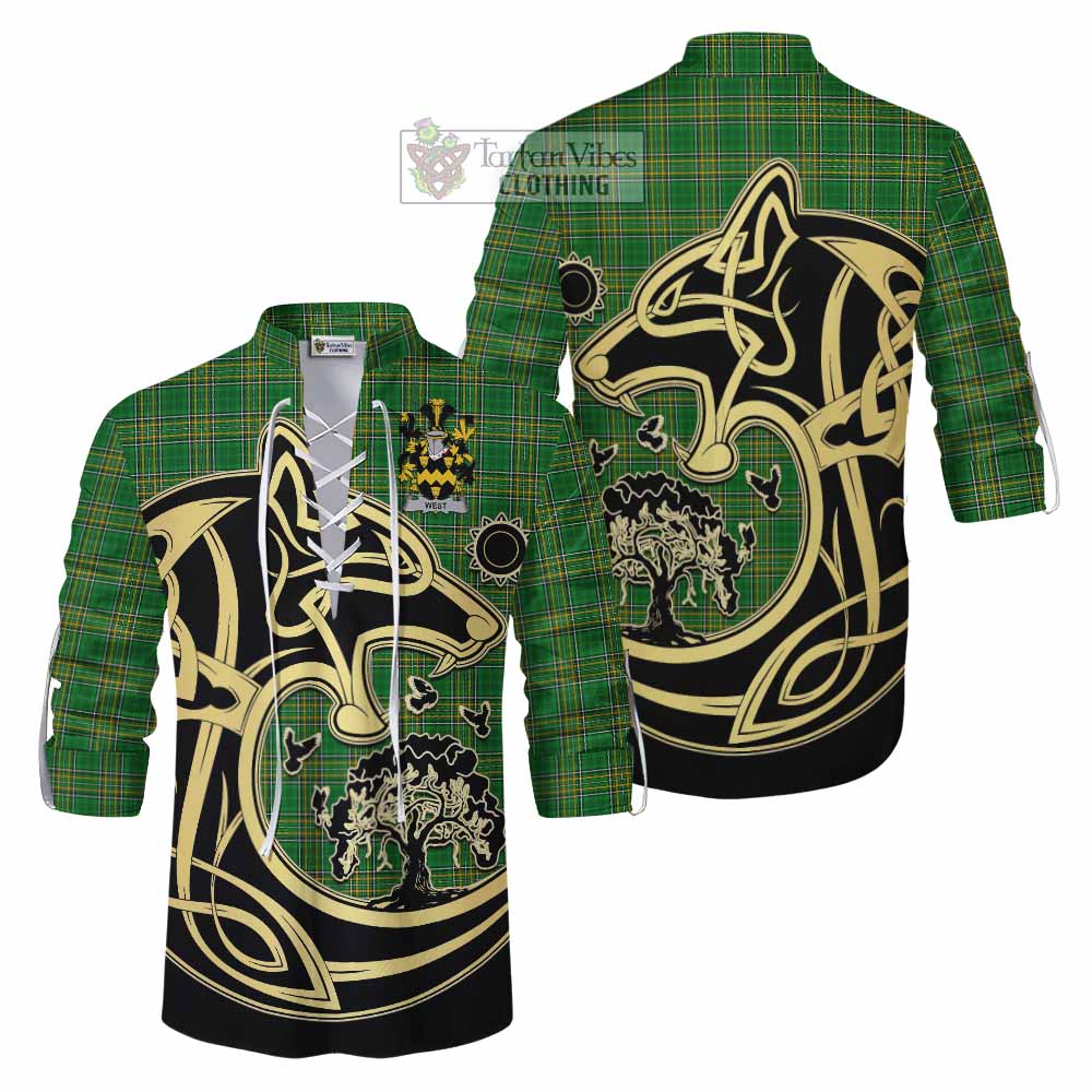 Tartan Vibes Clothing West Irish Tartan Ghillie Kilt Shirt with Coat of Arms Celtic Wolf Style