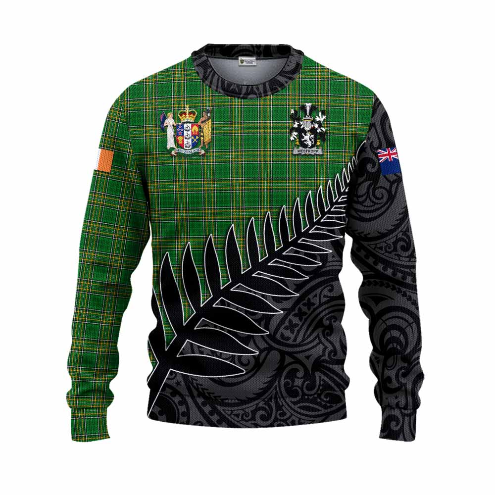 Tartan Vibes Clothing Westropp Irish Clan Tartan Knitted Sweater with Coat of Arms New Zealand Silver Fern Half Style