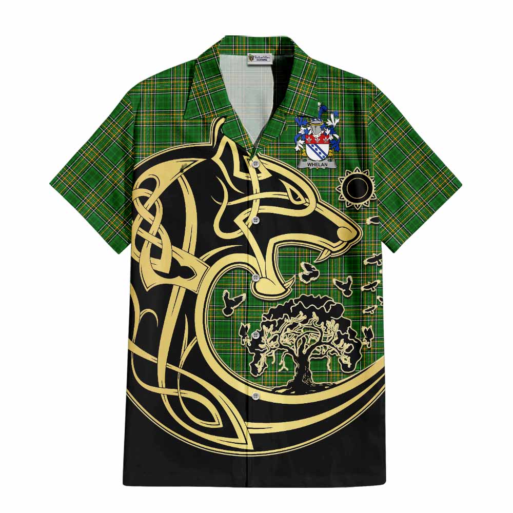 Tartan Vibes Clothing Whelan Irish Tartan Short Sleeve Button Shirt with Coat of Arms Celtic Wolf Style