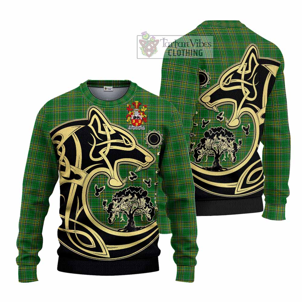 Tartan Vibes Clothing Whitchurch Irish Tartan Knitted Sweater with Coat of Arms Celtic Wolf Style