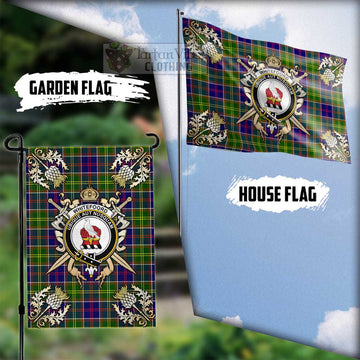 Whitefoord Tartan Flag with Family Crest and Golden Thistle Crossed Sword Design