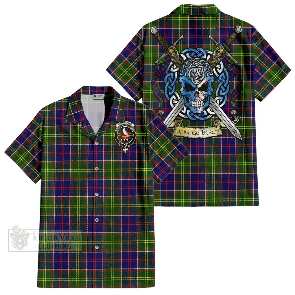 Tartan Vibes Clothing Whitefoord Tartan Short Sleeve Button Shirt with Family Crest Celtic Skull Style