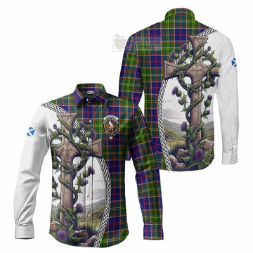 Whitefoord Tartan Long Sleeve Button Shirt with Family Crest and St. Andrew's Cross Accented by Thistle Vines