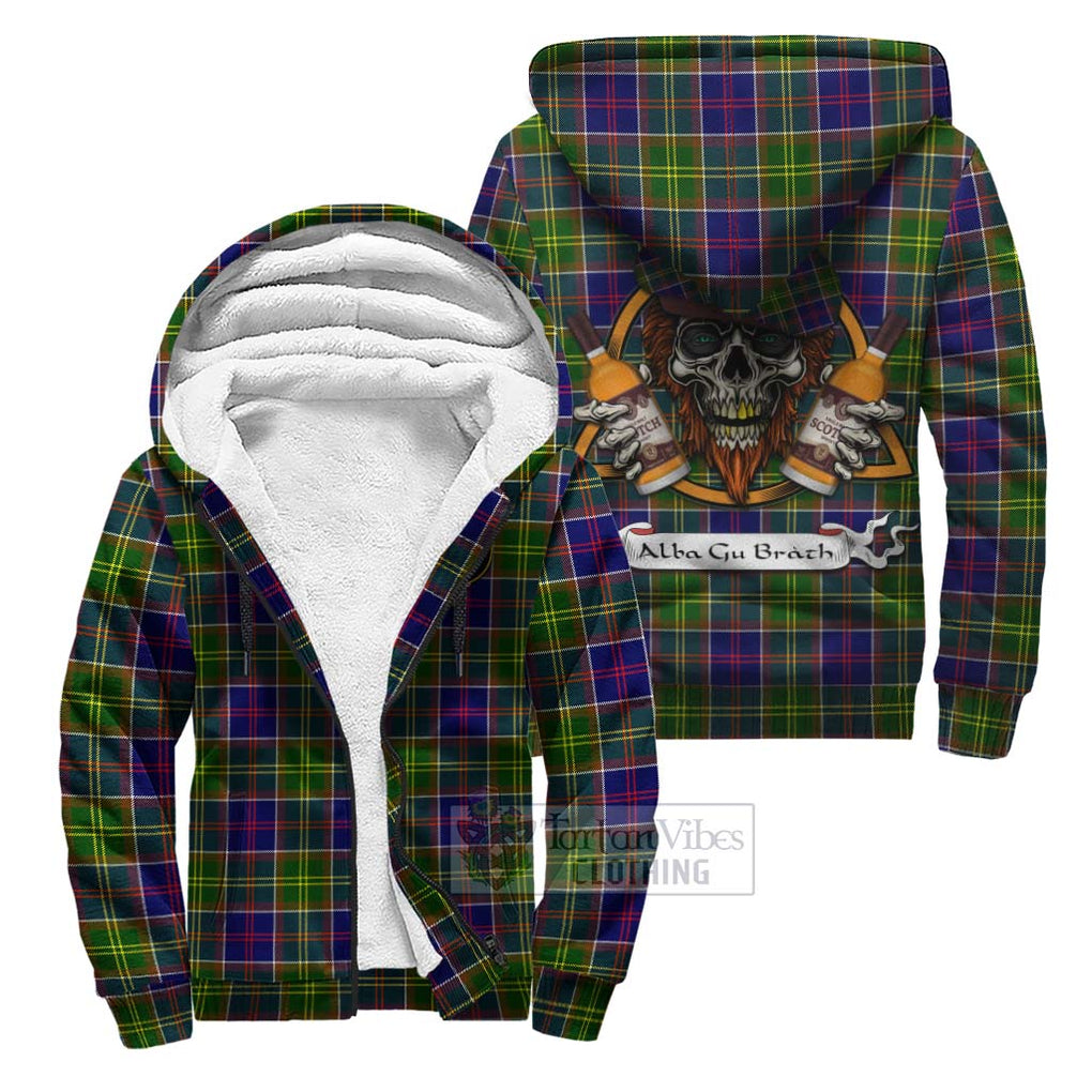 Tartan Vibes Clothing Whitefoord Tartan Sherpa Hoodie with Family Crest and Bearded Skull Holding Bottles of Whiskey