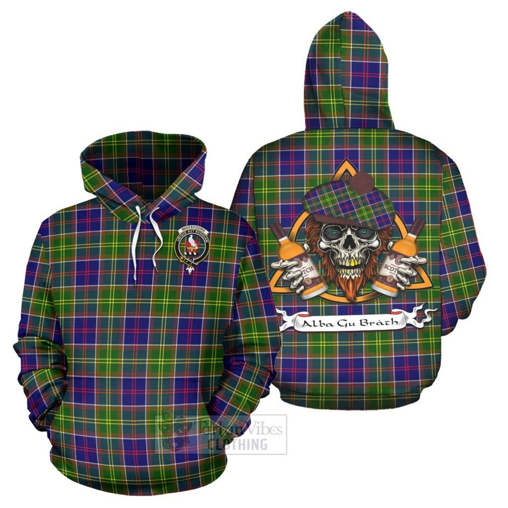 Tartan Vibes Clothing Whitefoord Tartan Hoodie with Family Crest and Bearded Skull Holding Bottles of Whiskey