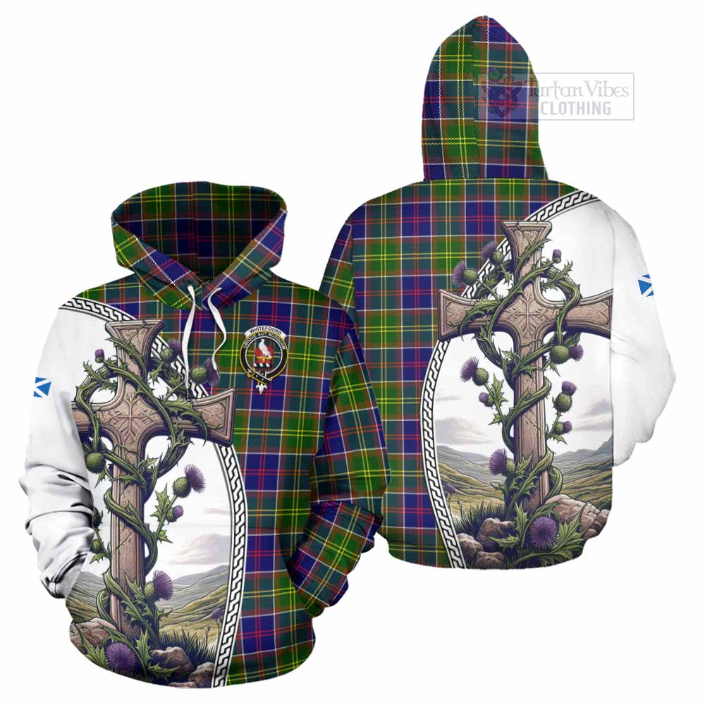 Tartan Vibes Clothing Whitefoord Tartan Hoodie with Family Crest and St. Andrew's Cross Accented by Thistle Vines