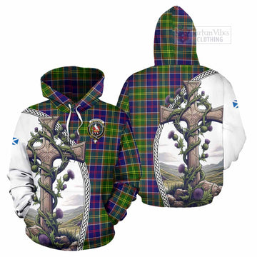 Whitefoord Tartan Hoodie with Family Crest and St. Andrew's Cross Accented by Thistle Vines