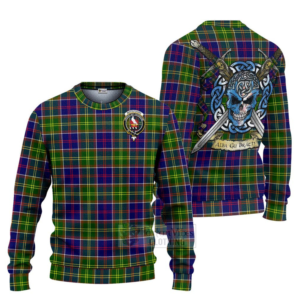 Tartan Vibes Clothing Whitefoord Tartan Knitted Sweater with Family Crest Celtic Skull Style