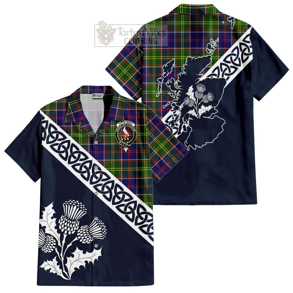 Tartan Vibes Clothing Whitefoord Tartan Short Sleeve Button Shirt Featuring Thistle and Scotland Map