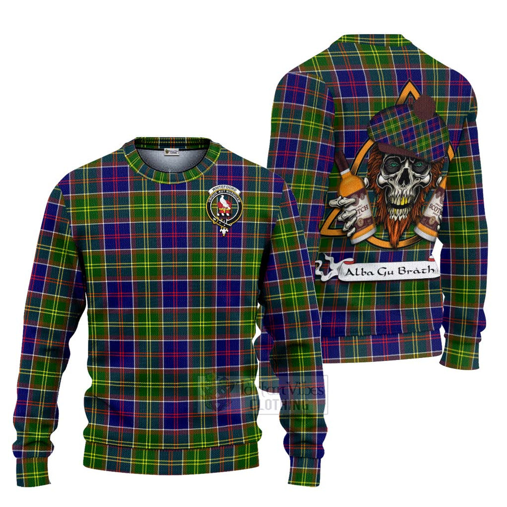 Tartan Vibes Clothing Whitefoord Tartan Knitted Sweater with Family Crest and Bearded Skull Holding Bottles of Whiskey