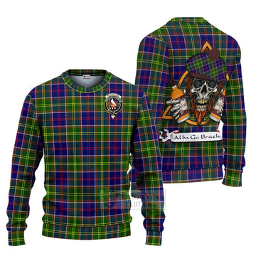 Whitefoord Tartan Ugly Sweater with Family Crest and Bearded Skull Holding Bottles of Whiskey