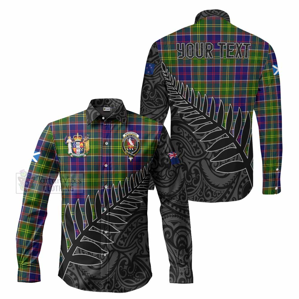 Tartan Vibes Clothing Whitefoord Crest Tartan Long Sleeve Button Shirt with New Zealand Silver Fern Half Style