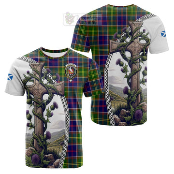 Whitefoord Tartan Cotton T-shirt with Family Crest and St. Andrew's Cross Accented by Thistle Vines