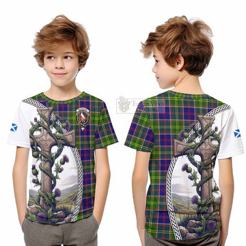 Whitefoord Tartan Kid T-Shirt with Family Crest and St. Andrew's Cross Accented by Thistle Vines