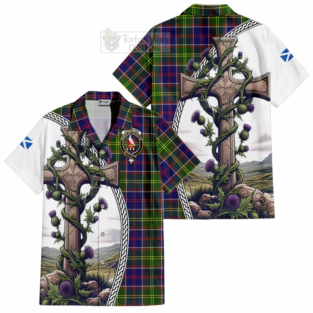 Tartan Vibes Clothing Whitefoord Tartan Short Sleeve Button Shirt with Family Crest and St. Andrew's Cross Accented by Thistle Vines