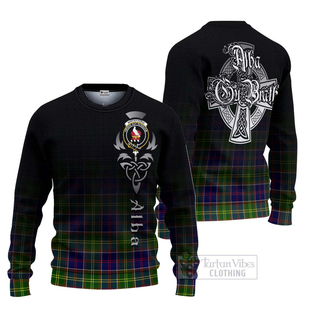 Tartan Vibes Clothing Whitefoord Tartan Knitted Sweater Featuring Alba Gu Brath Family Crest Celtic Inspired