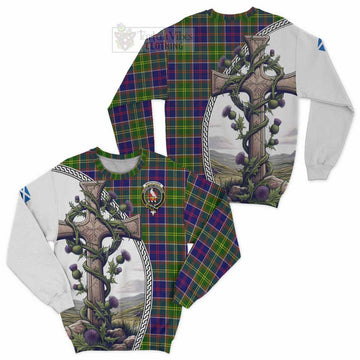 Whitefoord Tartan Sweatshirt with Family Crest and St. Andrew's Cross Accented by Thistle Vines