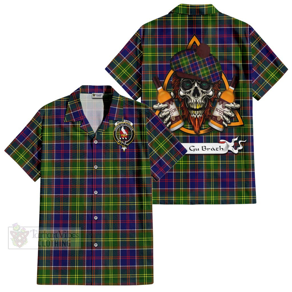 Tartan Vibes Clothing Whitefoord Tartan Short Sleeve Button Shirt with Family Crest and Bearded Skull Holding Bottles of Whiskey