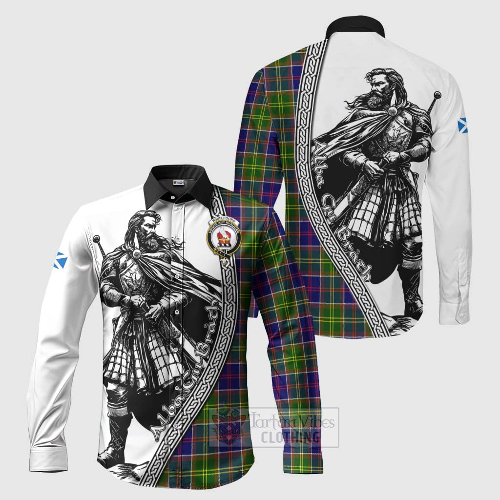 Tartan Vibes Clothing Whitefoord Tartan Clan Crest Long Sleeve Button Shirt with Highlander Warrior Celtic Style