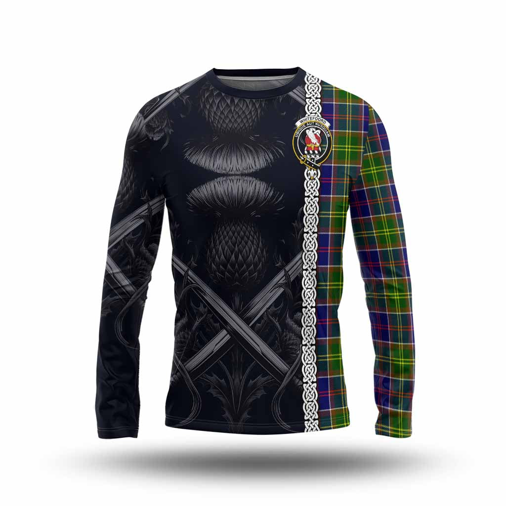 Tartan Vibes Clothing Whitefoord Tartan Long Sleeve T-Shirt with Family Crest Cross Sword Thistle Celtic Vibes