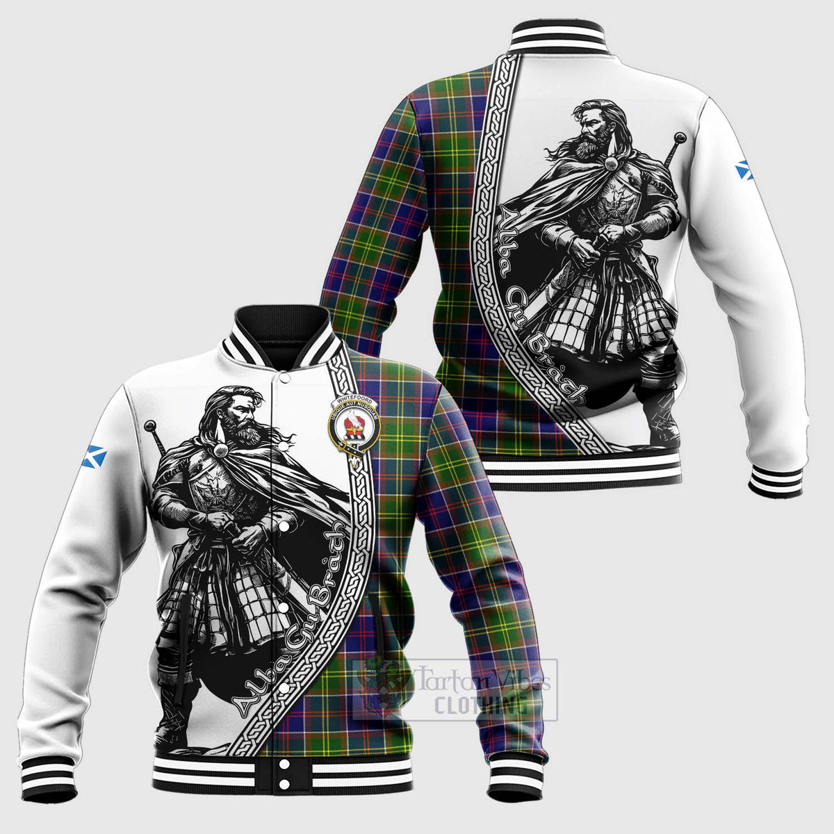 Whitefoord Tartan Clan Crest Baseball Jacket with Highlander Warrior Celtic Style Unisex - Tartan Vibes Clothing