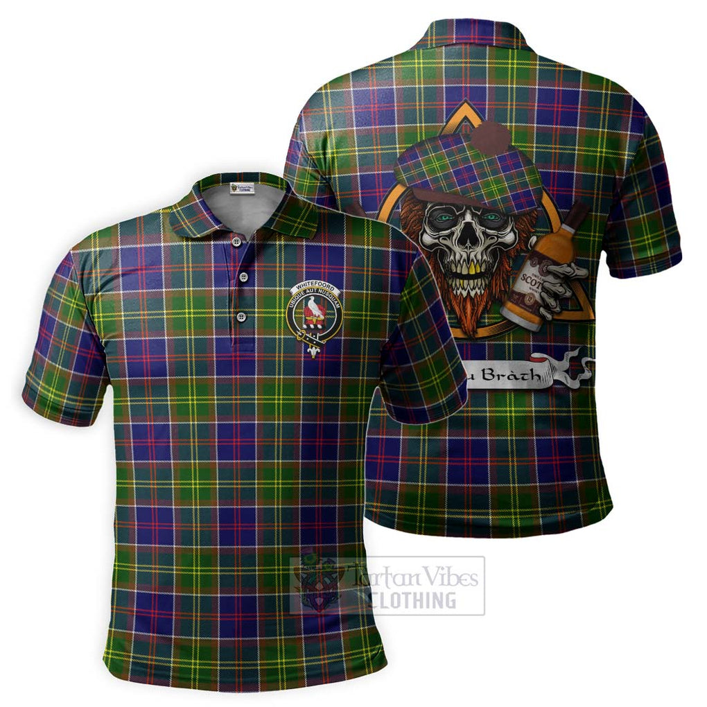 Tartan Vibes Clothing Whitefoord Tartan Polo Shirt with Family Crest and Bearded Skull Holding Bottles of Whiskey